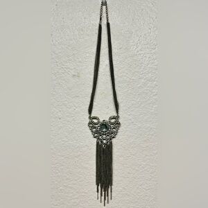 Vintage Silver-tone Metal Tassel Gemstone Pendant Necklace